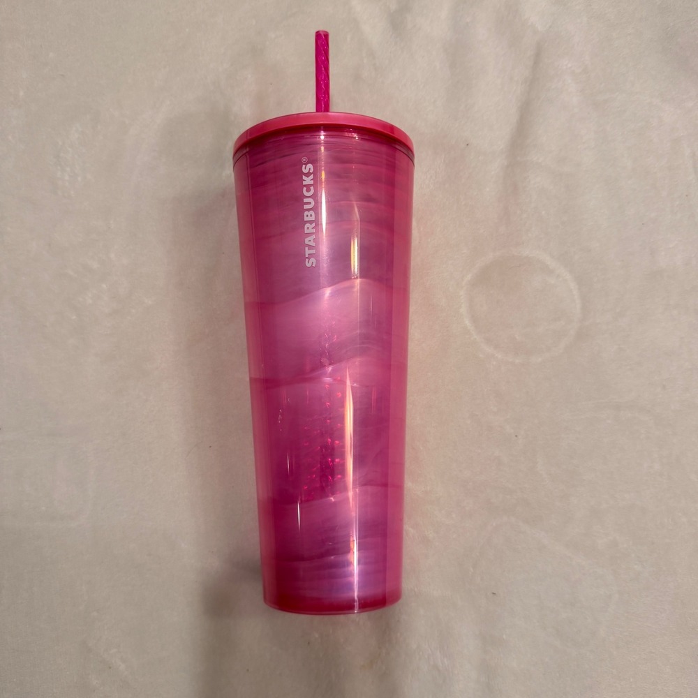 Starbucks 2020 Pink Swirl Marble Pearlescent Cold Cup Tumbler 24oz with Straw